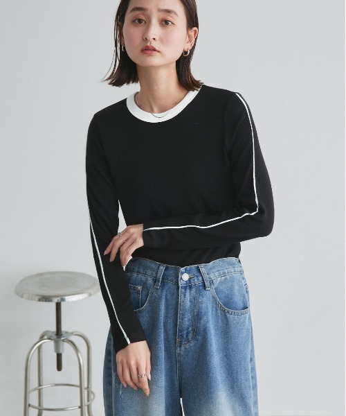 ad thie(アドティエ)の「パイピング リンガー ロングTシャツ(Tシャツ/カットソー・レディース・オフホワイト/ブラック/ダークブラウン・FREE)」の16枚目の写真
