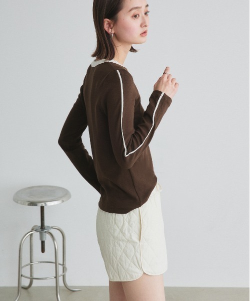 ad thie(アドティエ)の「パイピング リンガー ロングTシャツ(Tシャツ/カットソー・レディース・オフホワイト/ブラック/ダークブラウン・FREE)」の9枚目の写真