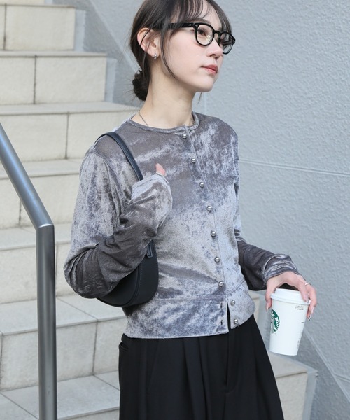 moussy シアーベロアカーディガン　グレー AZUL BY MOUSSY | シアードルマンニットカーディガン (カーディガン