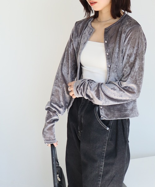 moussy シアーベロアカーディガン　グレー シアー ベロア メニー ボタン カーディガン