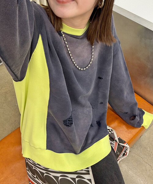 RePRODUCTION LABEL(リプロダクションレーベル)の「【RePRODUCTION LABEL / リプロダクションレーベル】リブ切替ダメージスウェット(Tシャツ/カットソー・レディース・ピンク/ネイビー/ブラック・FREE)」の2枚目の写真