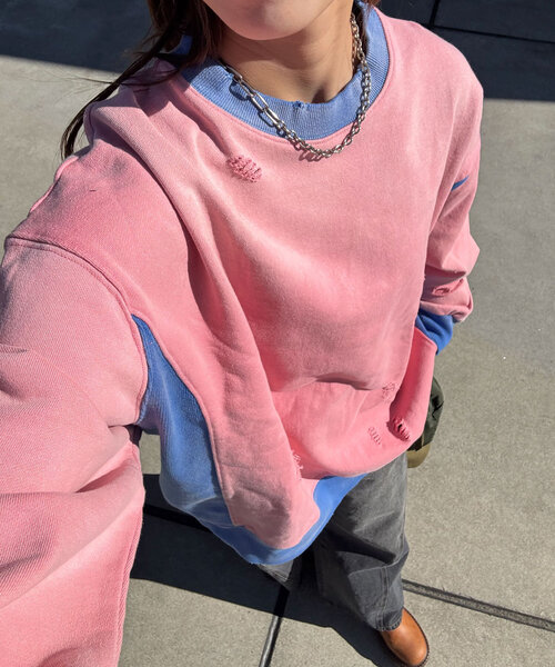 RePRODUCTION LABEL(リプロダクションレーベル)の「【RePRODUCTION LABEL / リプロダクションレーベル】リブ切替ダメージスウェット(Tシャツ/カットソー・レディース・ピンク/ネイビー/ブラック・FREE)」の3枚目の写真