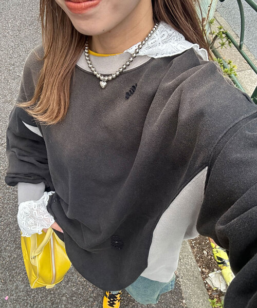 RePRODUCTION LABEL(リプロダクションレーベル)の「【RePRODUCTION LABEL / リプロダクションレーベル】リブ切替ダメージスウェット(Tシャツ/カットソー・レディース・ピンク/ネイビー/ブラック・FREE)」の1枚目の写真