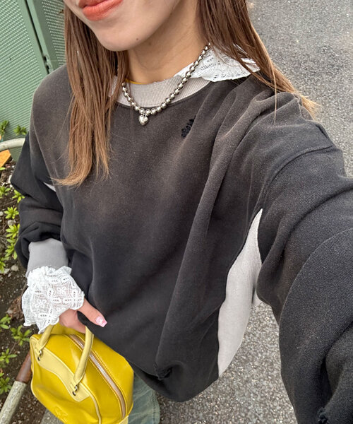 RePRODUCTION LABEL(リプロダクションレーベル)の「【RePRODUCTION LABEL / リプロダクションレーベル】リブ切替ダメージスウェット(Tシャツ/カットソー・レディース・ピンク/ネイビー/ブラック・FREE)」の5枚目の写真