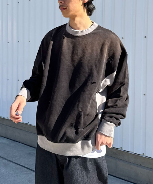 RePRODUCTION LABEL(リプロダクションレーベル)の「【RePRODUCTION LABEL / リプロダクションレーベル】リブ切替ダメージスウェット(Tシャツ/カットソー・レディース・ピンク/ネイビー/ブラック・FREE)」の6枚目の写真