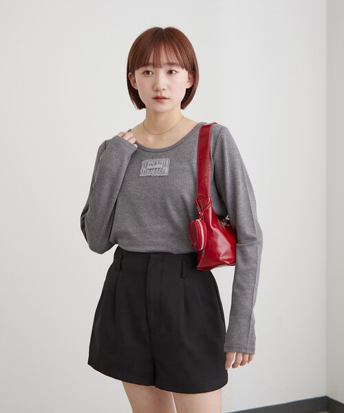 mline（エムライン）の「[mline]ロゴポイントリブＴ（Tシャツ/カットソー・レディース・ピンク/ベージュ/アイボリー/ブラック/グレー・FREE）」の4枚目の写真
