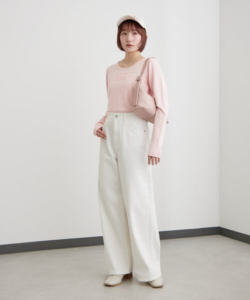 mline（エムライン）の「[mline]ロゴポイントリブＴ（Tシャツ/カットソー・レディース・ピンク/ベージュ/アイボリー/ブラック/グレー・FREE）」の5枚目の写真