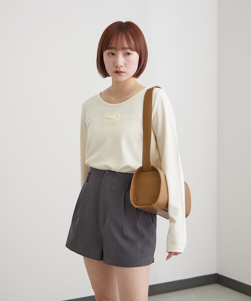 mline（エムライン）の「[mline]ロゴポイントリブＴ（Tシャツ/カットソー・レディース・ピンク/ベージュ/アイボリー/ブラック/グレー・FREE）」の2枚目の写真