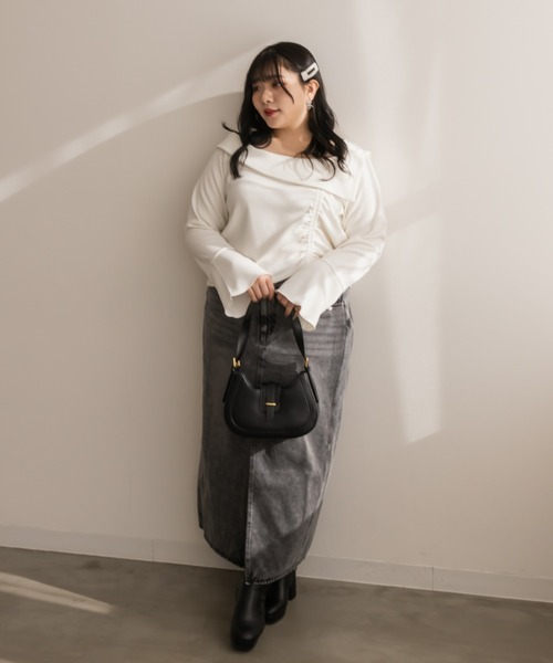 CLETTE（クレット）の「アシンメトリードロストプルオーバー（Tシャツ/カットソー・レディース・オフホワイト/ブラック・LL/3L/4L）」の6枚目の写真