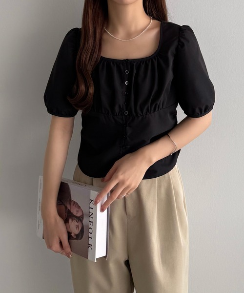 ブラウス シャツ バックベルトパフスリーブブラウス(comochi select) / ノースリーブ ギャザー バックリボン ブラウス ミドル丈 オフ ティアード チュニック ブラウス レディース ノースリーブ