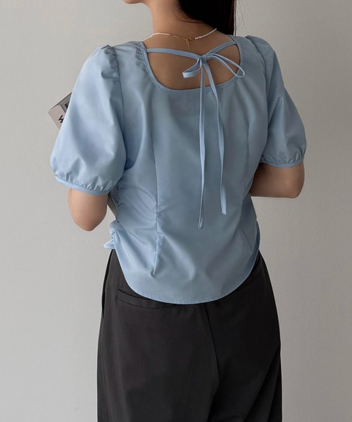 コムコム　23SS ギャザーリボンブラウス ギャザーリボンブラウス Blue – honono for mom&baby