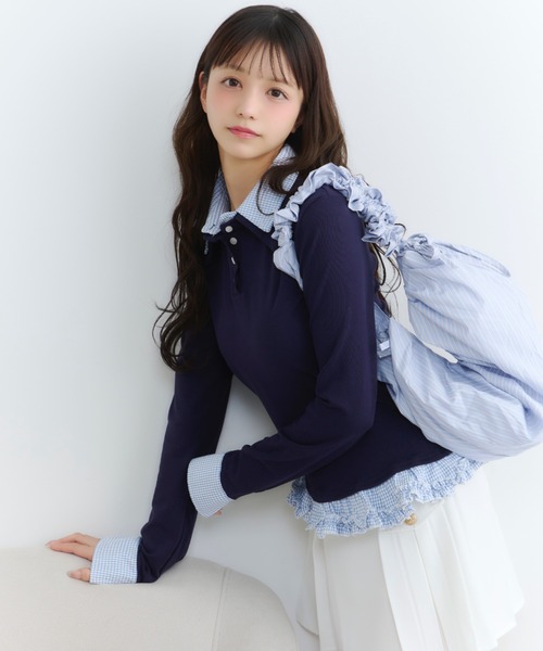 完売品　Dolce. VERYコラボ フーディーフリルベスト ネイビー セール】チェックバイカラーフリルトップス（Tシャツ/カットソー