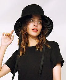 リボン」に該当するハット（ブラック/黒色系・麦わら・ストロー