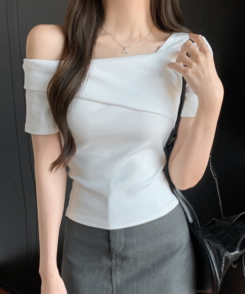 Lace Ladies(レースレディース)の「2WAY ワンショルダー アシンメトリー 半袖 リブ カットソー(Tシャツ/カットソー・レディース・グレー/ブラウン/ホワイト/ブラック・FREE)」の8枚目の写真