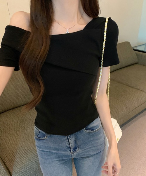 Lace Ladies(レースレディース)の「2WAY ワンショルダー アシンメトリー 半袖 リブ カットソー(Tシャツ/カットソー・レディース・グレー/ブラウン/ホワイト/ブラック・FREE)」の10枚目の写真