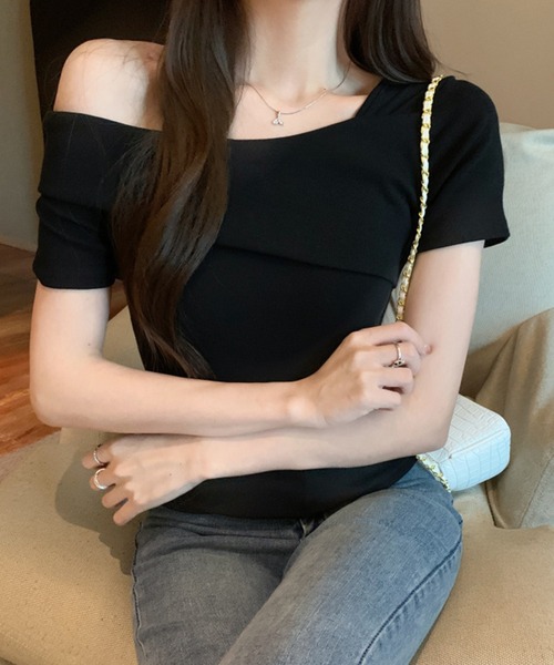 Lace Ladies(レースレディース)の「2WAY ワンショルダー アシンメトリー 半袖 リブ カットソー(Tシャツ/カットソー・レディース・グレー/ブラウン/ホワイト/ブラック・FREE)」の11枚目の写真