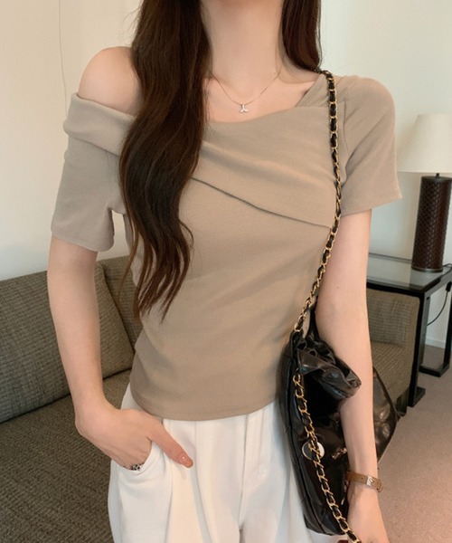 Lace Ladies(レースレディース)の「2WAY ワンショルダー アシンメトリー 半袖 リブ カットソー(Tシャツ/カットソー・レディース・グレー/ブラウン/ホワイト/ブラック・FREE)」の14枚目の写真