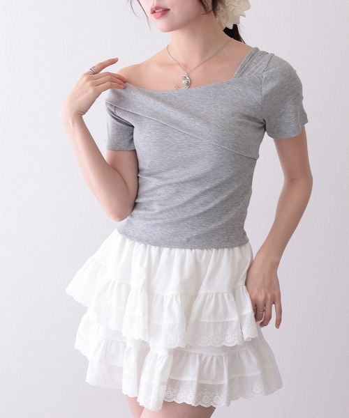 Lace Ladies(レースレディース)の「2WAY ワンショルダー アシンメトリー 半袖 リブ カットソー(Tシャツ/カットソー・レディース・グレー/ブラウン/ホワイト/ブラック・FREE)」の20枚目の写真