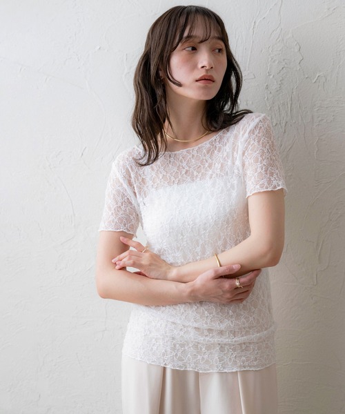 NOAHL(ノアル)の「【NOAHL】シアーレーストップス(Tシャツ/カットソー・レディース・ブラック/ホワイト/グリーン系・FS)」の1枚目の写真