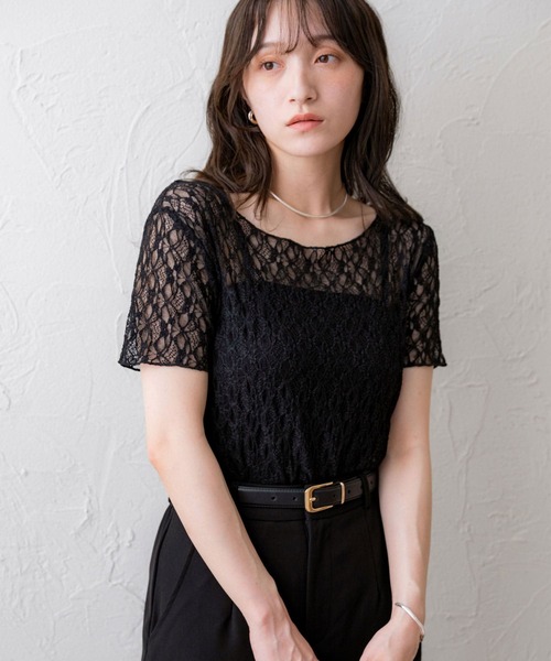 NOAHL(ノアル)の「【NOAHL】シアーレーストップス(Tシャツ/カットソー・レディース・ブラック/ホワイト/グリーン系・FS)」の2枚目の写真