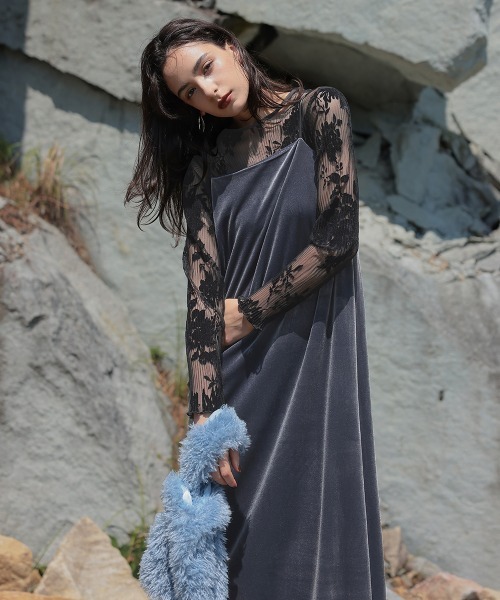 2WAYベロアフロッキープリーツワンピースドレス（ベロアキャミ