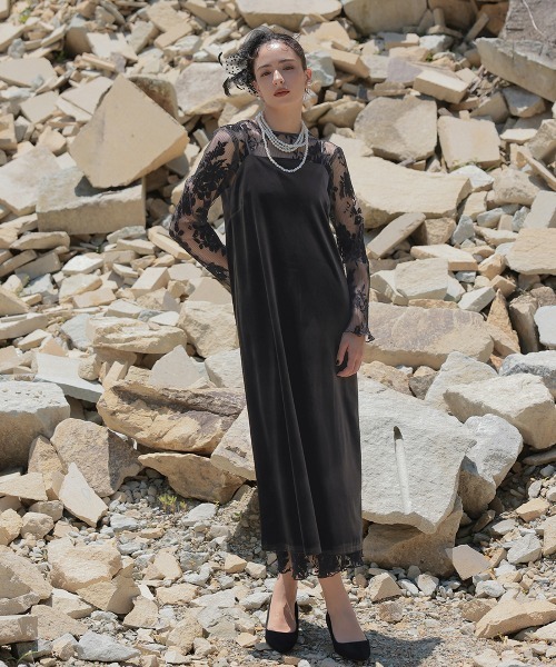 2WAYベロアフロッキープリーツワンピースドレス（ベロアキャミ