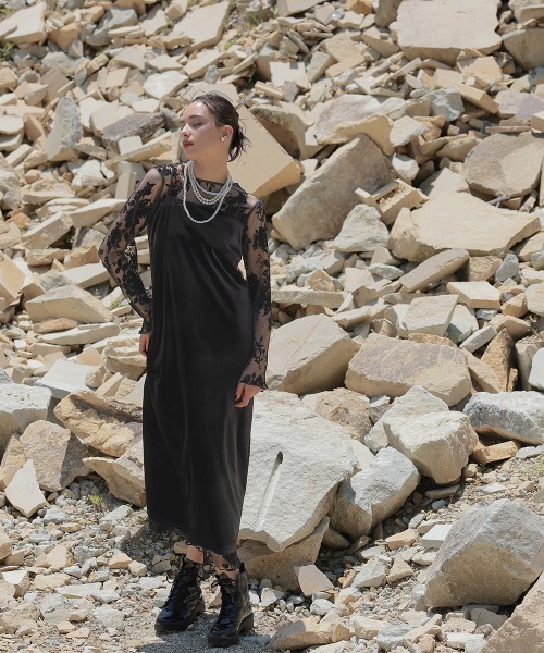 2WAYベロアフロッキープリーツワンピースドレス（ベロアキャミ