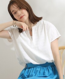 DRESKIP | 【S-LL】抜け感とすっきり見えを叶える 刺繍レース スキッパー襟トップス(Tシャツ/カットソー)