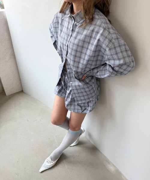 SANSeLF（サンセルフ）の「【SANSeLF】チェックシャツ チェックバルーンショーツ セットアップ saw25a002（セットアップ・レディース・ブルー・FREE）」の7枚目の写真