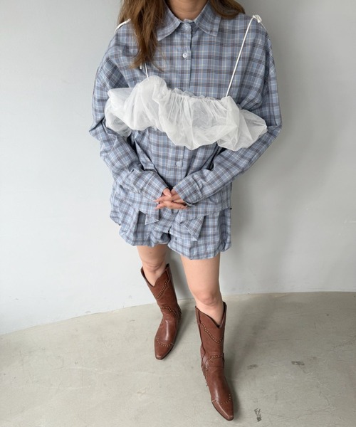 SANSeLF（サンセルフ）の「【SANSeLF】チェックシャツ チェックバルーンショーツ セットアップ saw25a002（セットアップ・レディース・ブルー・FREE）」の18枚目の写真