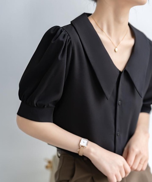 FAVORITO(ファヴォリート)の「ビッグカラー×パフスリーブ シフォンブラウス(シャツ/ブラウス・レディース・ホワイト/ブラック・M/L/XL)」の10枚目の写真