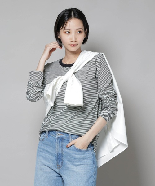 NANO universe(ナノユニバース)の「ミジンボーダーロングスリーブTシャツ(Tシャツ/カットソー・レディース・グレー/ブラック/キャメル・FREE)」の2枚目の写真