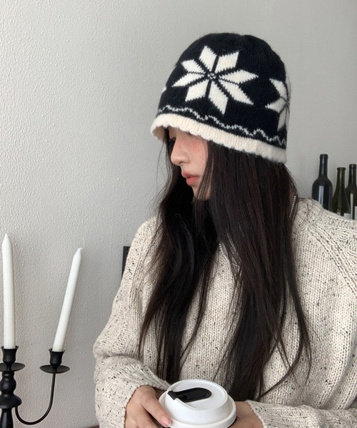 c.u.l（シーユーエル）の「ノルディック柄 ニットキャップ 帽子 cula1245（ニットキャップ/ビーニー・レディース・ブラック/グレー/ベージュ/レッド・FREE）」の5枚目の写真