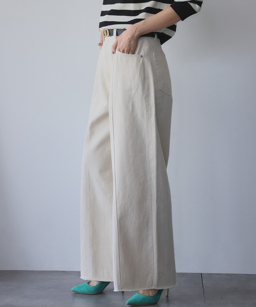 切替パターンワイドデニムパンツ センターライン 切りっぱなし