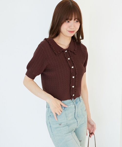 マジェスティックレゴン カーディガン ニット ケーブル M ベージュ ポンポンケーブルカーディガン⁄MAJESTIC LEGON(マジェスティックレゴン