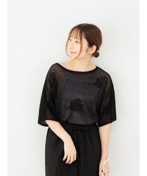 Te chichi TERRASSE(テチチテラス)の「メッシュジャガードプルオーバーニット(ニット/セーター・レディース・グリーン/オフホワイト/ブラック・F)」の2枚目の写真