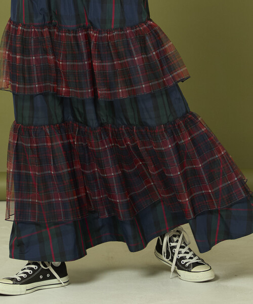 Freada 】 赤 チェック フレア ロング スカート 美品 フリーダ Freada