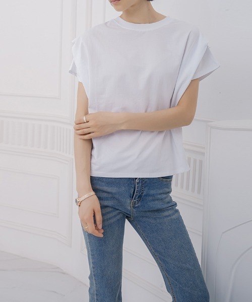 ONEP STAR(ワンピスター)の「ボーダー柄タック入りフレンチスリーブTシャツ(Tシャツ/カットソー・レディース・ホワイト/ネイビー/グレイッシュベージュ/グレー・MEDIUM)」の9枚目の写真