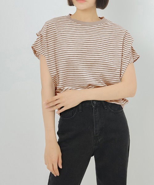 ONEP STAR(ワンピスター)の「ボーダー柄タック入りフレンチスリーブTシャツ(Tシャツ/カットソー・レディース・ホワイト/ネイビー/グレイッシュベージュ/グレー・MEDIUM)」の16枚目の写真