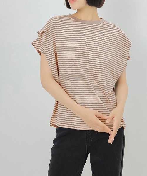 ONEP STAR(ワンピスター)の「ボーダー柄タック入りフレンチスリーブTシャツ(Tシャツ/カットソー・レディース・ホワイト/ネイビー/グレイッシュベージュ/グレー・MEDIUM)」の18枚目の写真