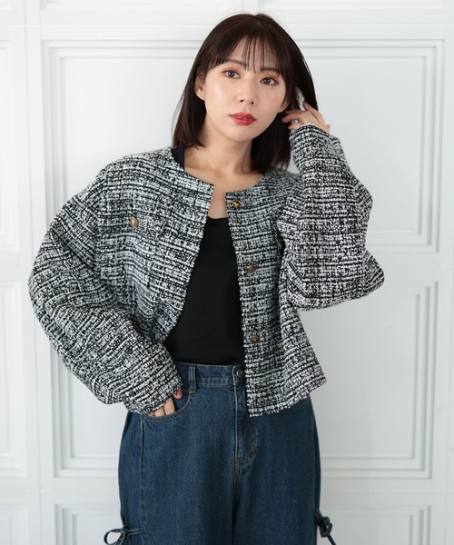 Ruwan yu(ルワンユー)の「ミックスボタンツイードジャケット【大きいサイズ対応】(ノーカラージャケット・レディース・ブラック・LL/L/3L/4L)」の11枚目の写真