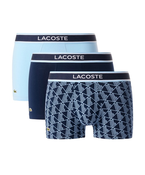 LACOSTE(ラコステ)の「モノグラム&プレーン/3パックストレッチコットントランクショーツセット(ボクサーパンツ・メンズ・ブラック/ネイビー・XL/S/M/L)」の1枚目の写真