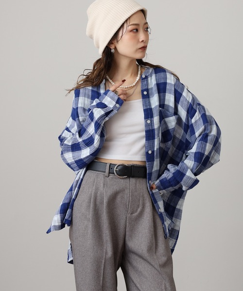 OMNES（オムネス）の「ダブルガーゼワイドシルエット長袖シャツ（シャツ/ブラウス・レディース・ネイビー系/ネイビー/モカ・FREE）」の3枚目の写真