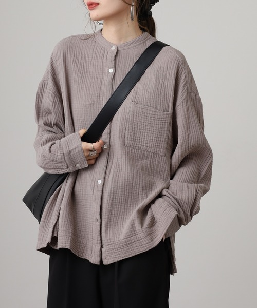 OMNES（オムネス）の「ダブルガーゼワイドシルエット長袖シャツ（シャツ/ブラウス・レディース・ネイビー系/ネイビー/モカ・FREE）」の2枚目の写真