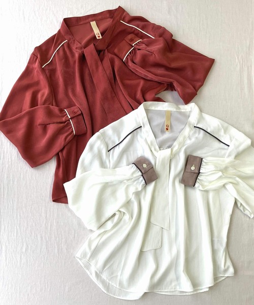 Q（キュー）の「ラインボウタイブラウス（シャツ/ブラウス・レディース・アイボリー/テラコッタ・MEDIUM）」の13枚目の写真