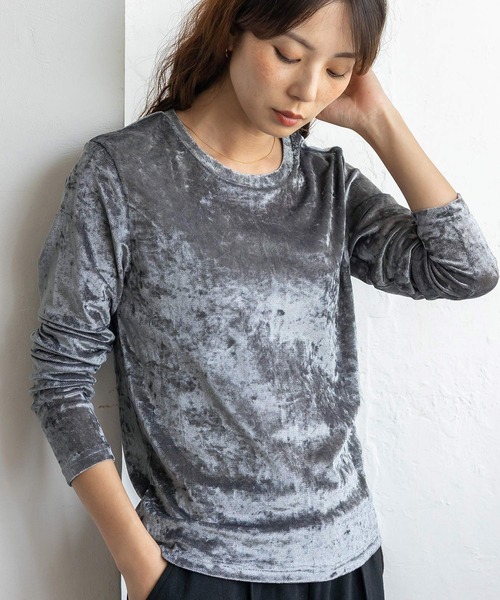 No Rule No Line(ノール-ルノーライン)の「クラッシュベロアクルーネックトップス(Tシャツ/カットソー・レディース・オフホワイト/グレー/ブラック・FREE)」の3枚目の写真