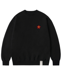 [UNISEX]レッドフラワースマイル刺繍マンツーマン_ブラック