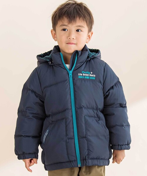 Noeil aime BeBe（ノイユエイムベベ）の「取り外せるフード付きタフタダウンジャケット（ダウンジャケット/コート・キッズ・グリーン/ネイビー・130cm/110cm/120cm/100cm）」の2枚目の写真