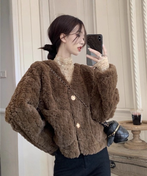 セール】もこもこ ノーカラーフェイクファージャケット（ノーカラー