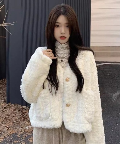 セール】もこもこ ノーカラーフェイクファージャケット（ノーカラー